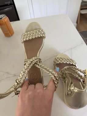 Tory Burch Metallic Gold Braided Espadrille Wedge Sandals